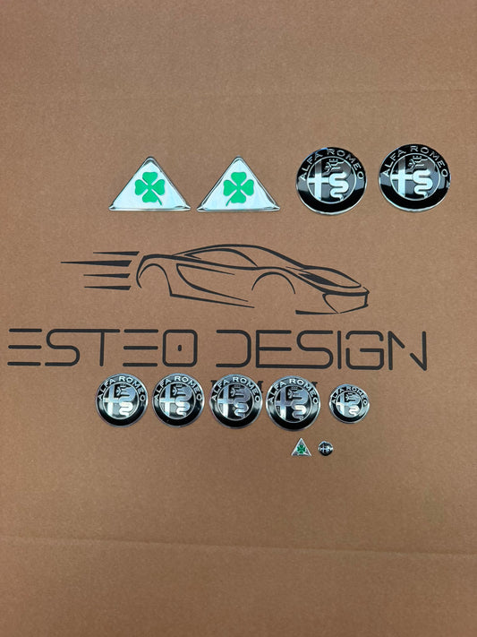 LOGHI/STEMMI ALFA ROMEO NERO ARGENTO 11 PEZZI LOGHI RUOTE DIAMETRO 50 MM